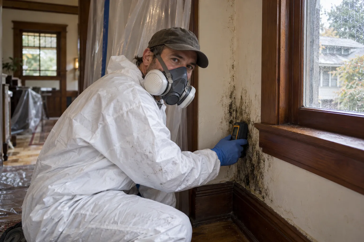A local provider in protective gear inspecting a dark mold patch on an older home's wall in the Lakewood area