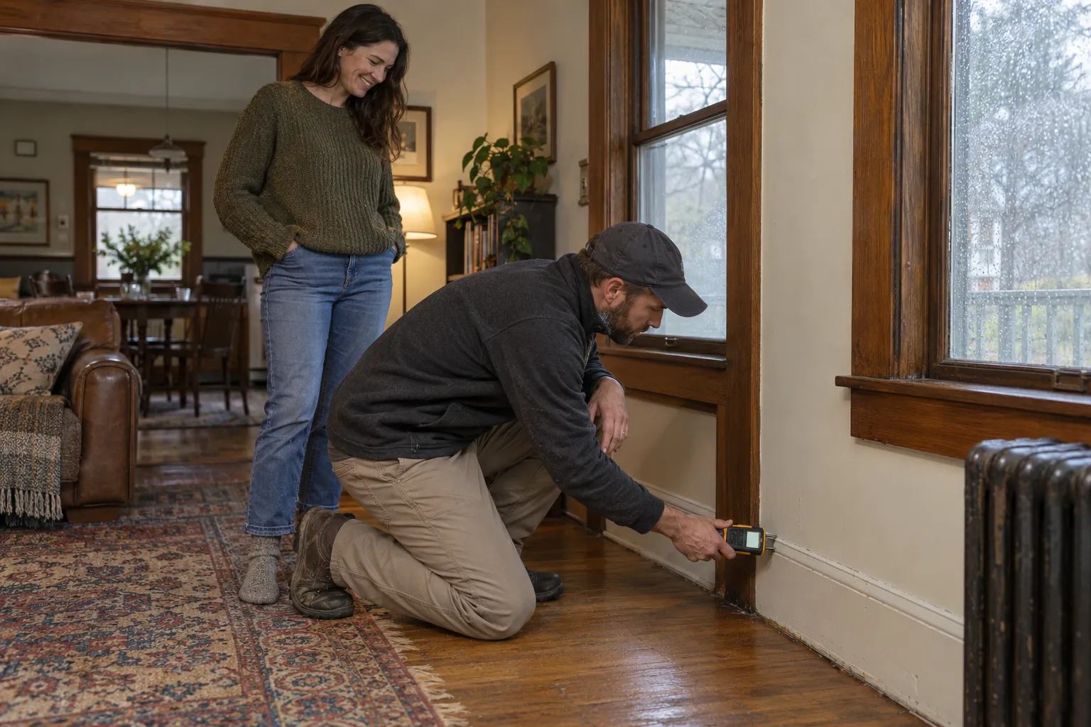 A provider checking a damp wall in a wood-frame home in Lakewood