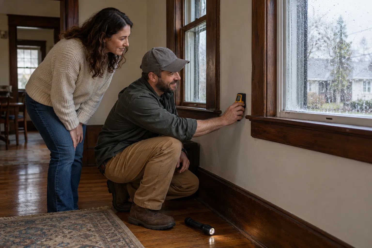 A friendly provider checking a damp wall in an older Lakewood home with a moisture meter while the homeowner watches