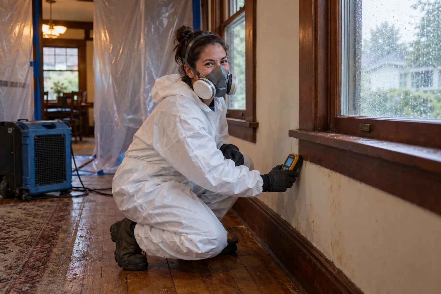 A friendly mold remediation provider checking a damp wall in an older home in Lakewood
